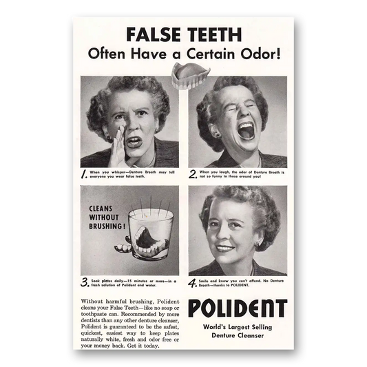 1953 Polident False Teeth Often have a Certain Odor Vintage Magazine Print Ad