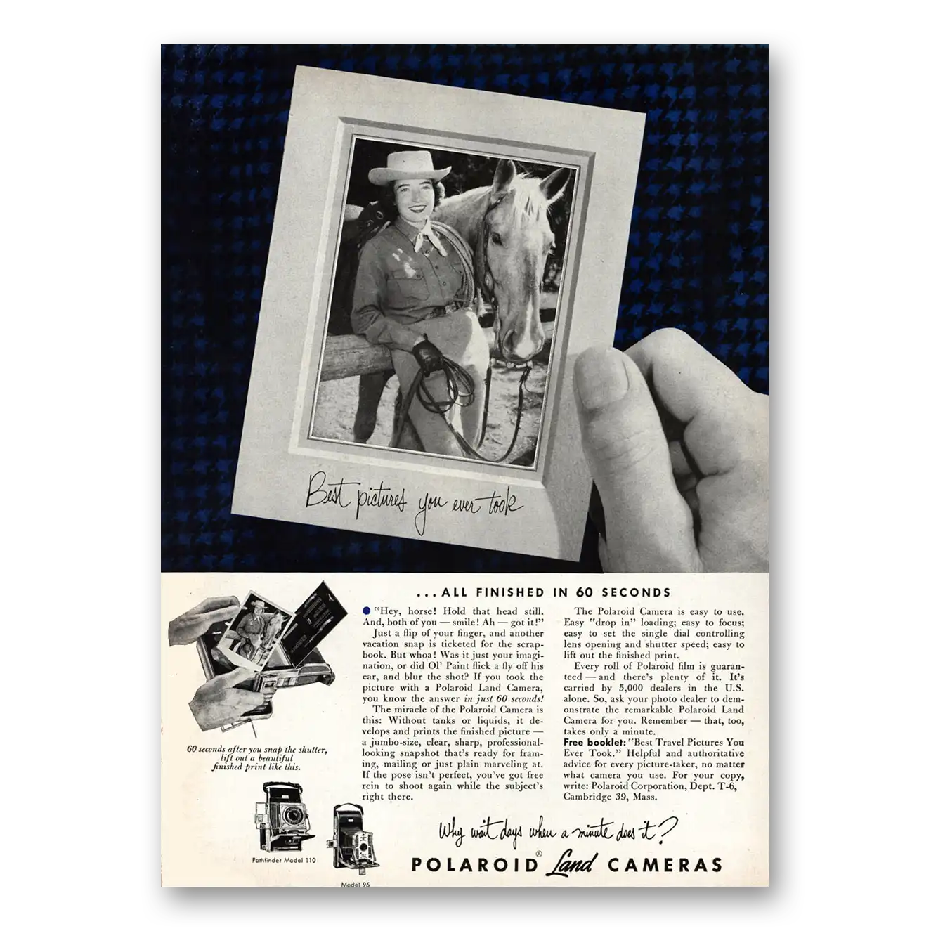 1953 Polaroid Land Camera All Finished In 60 Seconds Vintage Magazine Print Ad