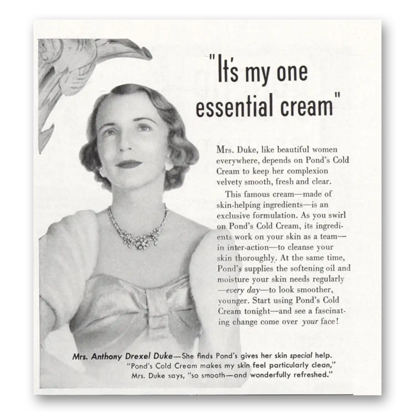 1953 Ponds Cold Cream Mrs Anthony Drexel Duke Vintage Magazine Print Ad