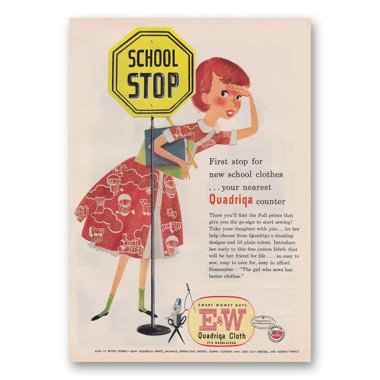 1953 Quadriga Cloth First Stop for New School Clothes Vintage Magazine Print Ad