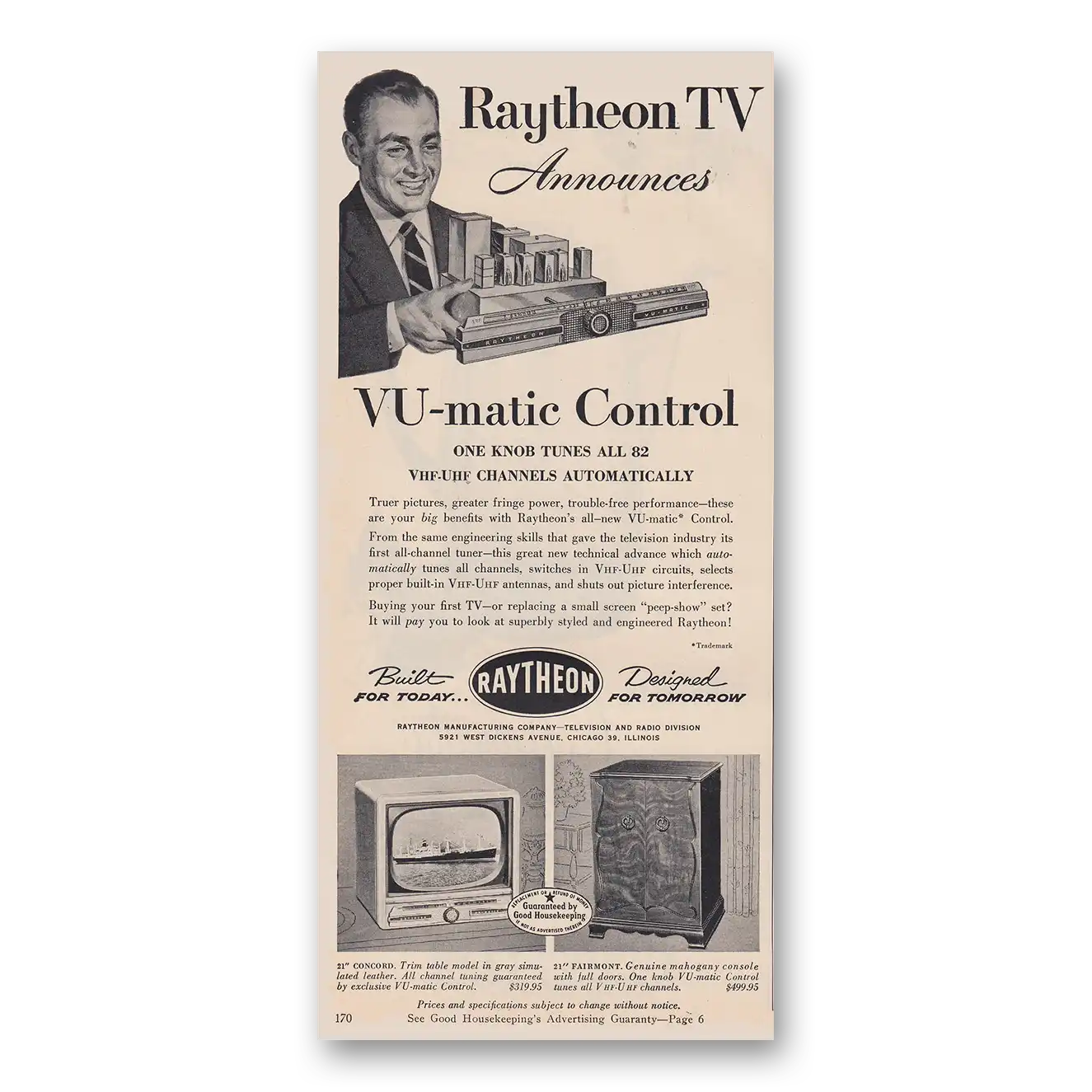 1953 Raytheon TV VU matic Control One Knob Tunes All 82 Vintage Magazine Print Ad