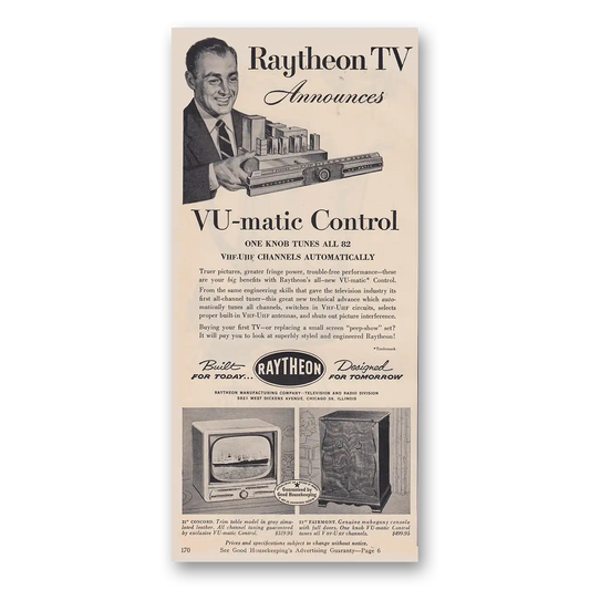 1953 Raytheon TV VU matic Control One Knob Tunes All 82 Vintage Magazine Print Ad