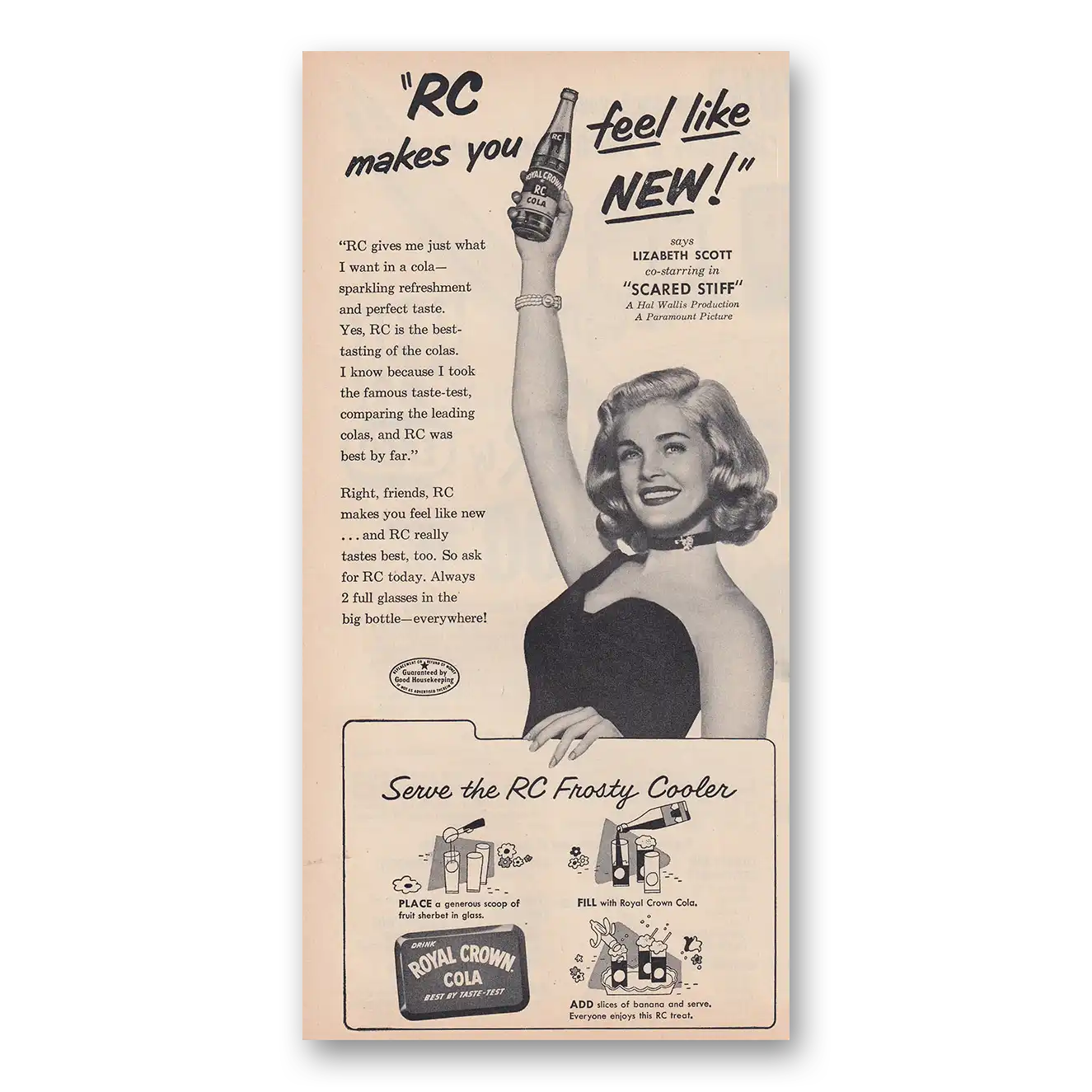 1953 Royal Crown Cola Makes You Feel Like New Lizabeth Scott Vintage Magazine Print Ad