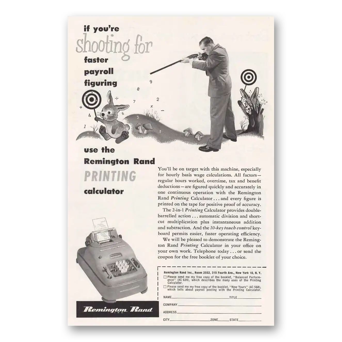 1953 Remington Rand Printing Calculator Shooting for Faster Payroll Vintage Magazine Print Ad