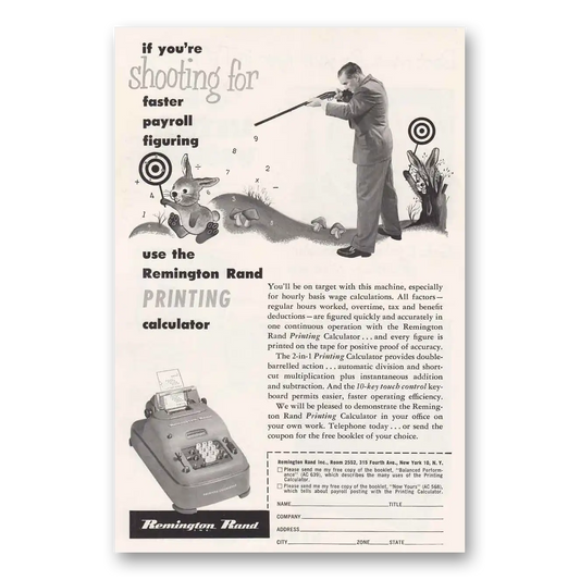 1953 Remington Rand Printing Calculator Shooting for Faster Payroll Vintage Magazine Print Ad