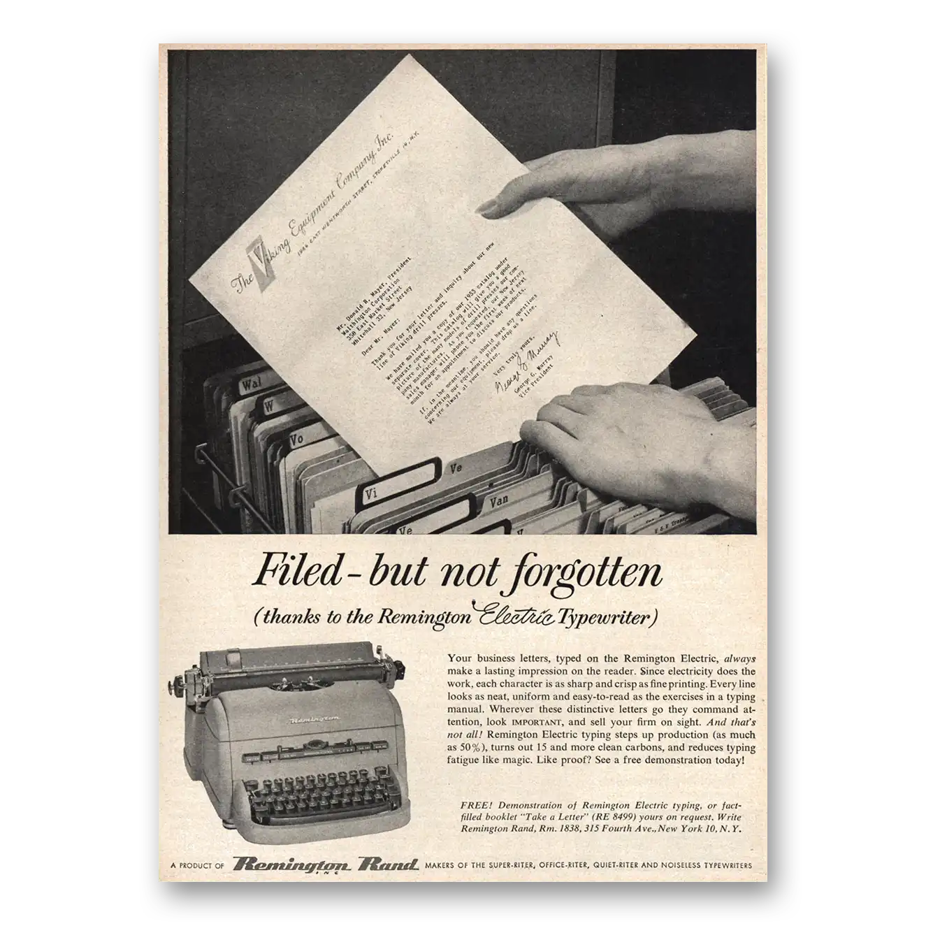 1953 Remington Typewriter Filed But Not Forgotten Vintage Magazine Print Ad