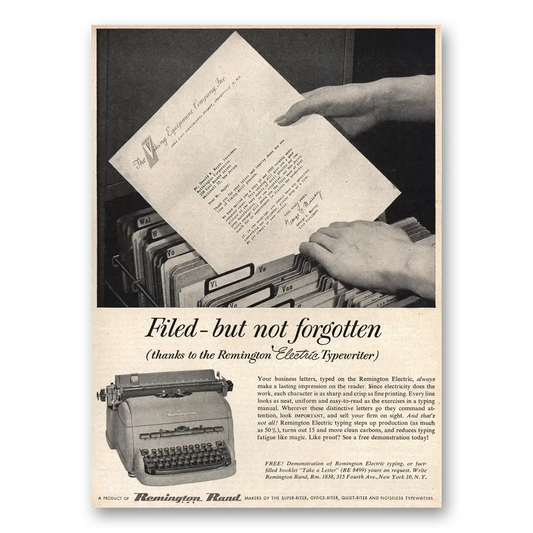 1953 Remington Typewriter Filed But Not Forgotten Vintage Magazine Print Ad