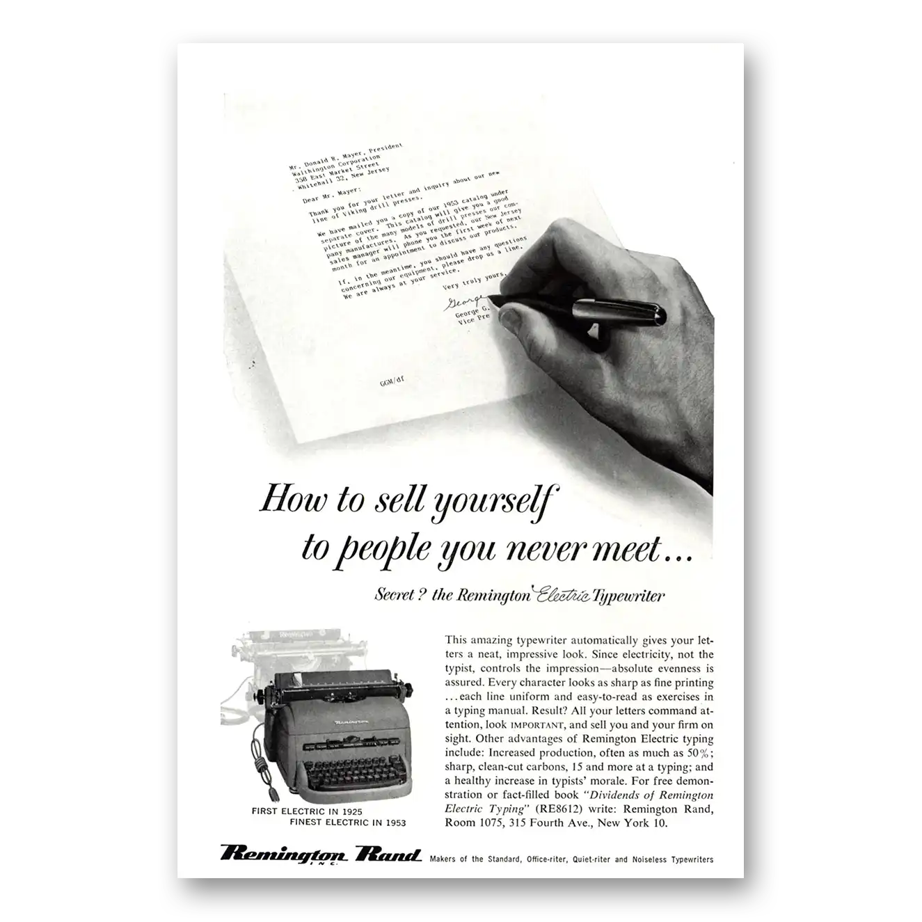 1953 Remington Typewriter Sell Yourself to People You Never Meet Vintage Magazine Print Ad