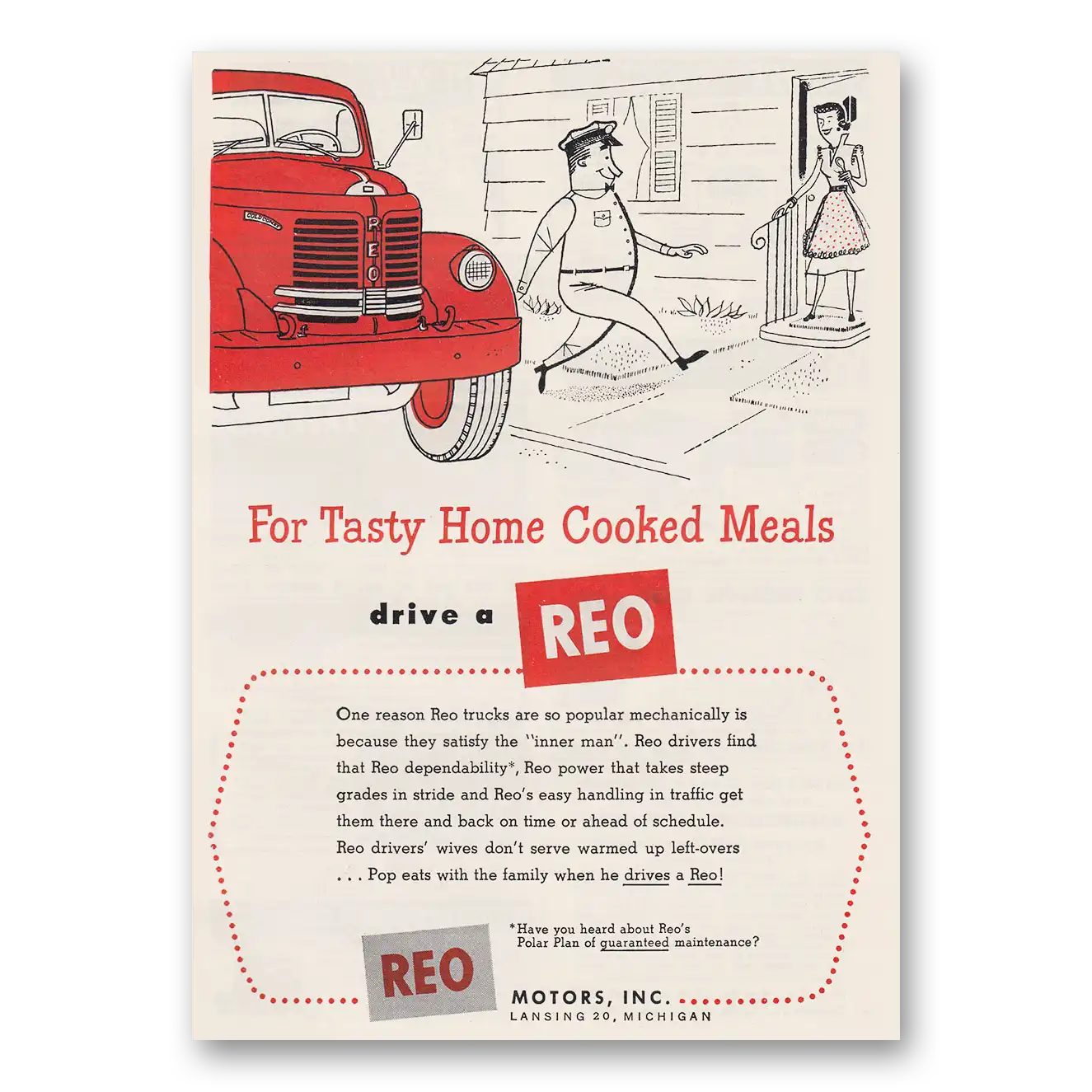 1953 Reo Trucks For Tasty Home Cooked Meals Vintage Magazine Print Ad