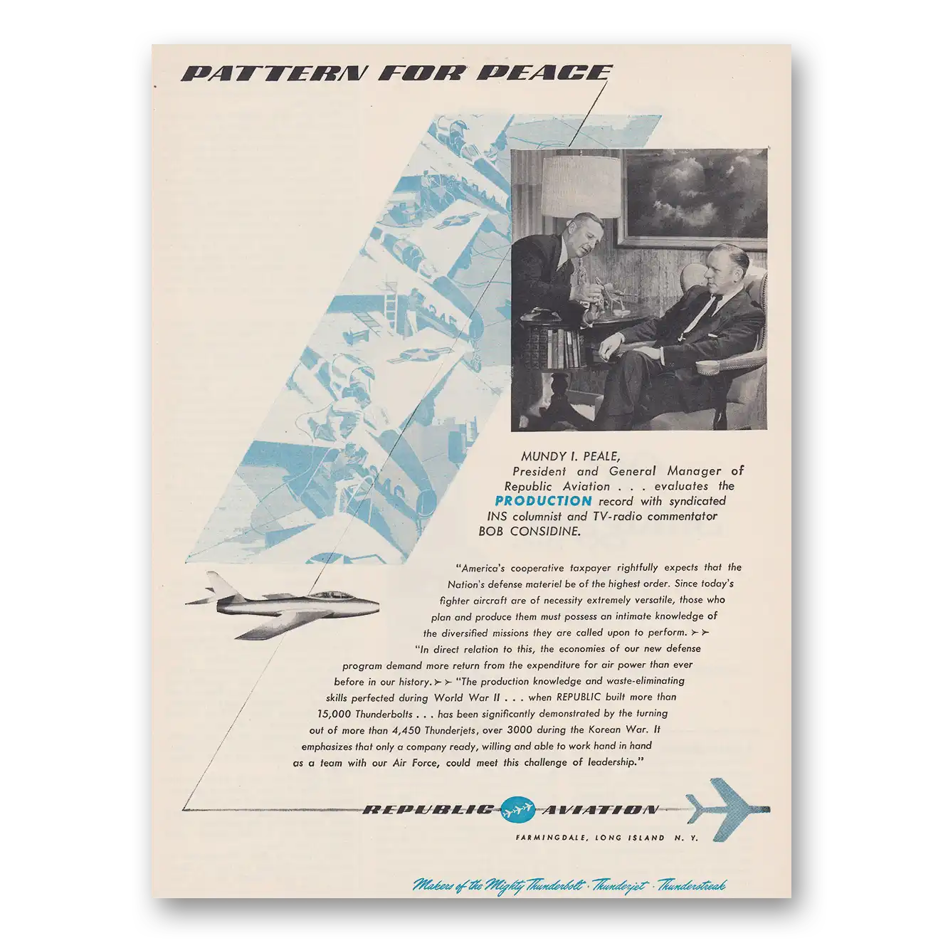 1953 Republic Aviation Pattern for Peace Vintage Magazine Print Ad