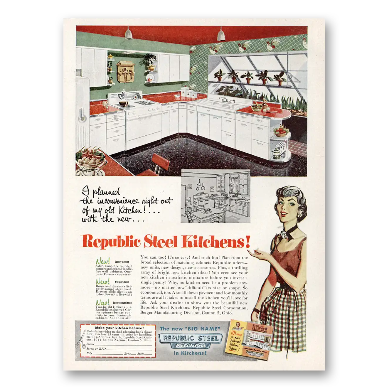 1953 Republic Kitchens Planned the Inconvenience Right Out Vintage Magazine Print Ad