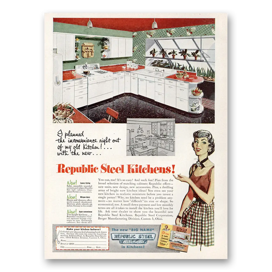 1953 Republic Kitchens Planned the Inconvenience Right Out Vintage Magazine Print Ad