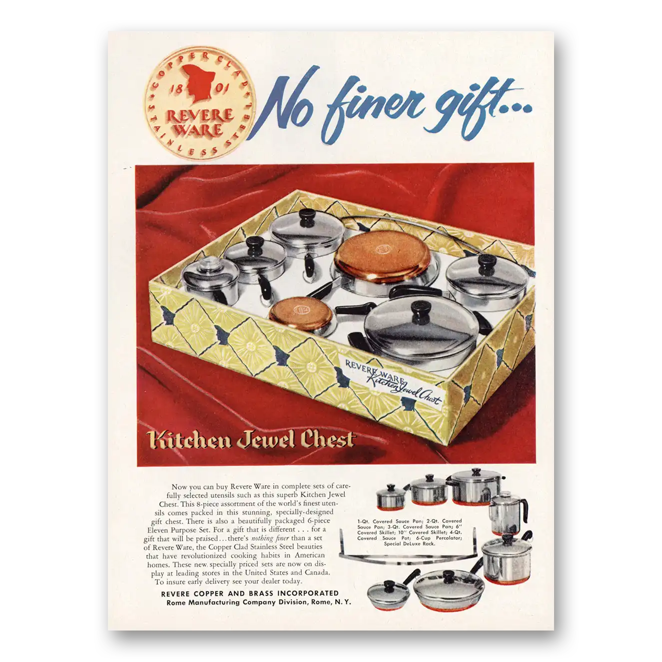 1953 Revere Ware Kitchen Jewel Chest Vintage Magazine Print Ad