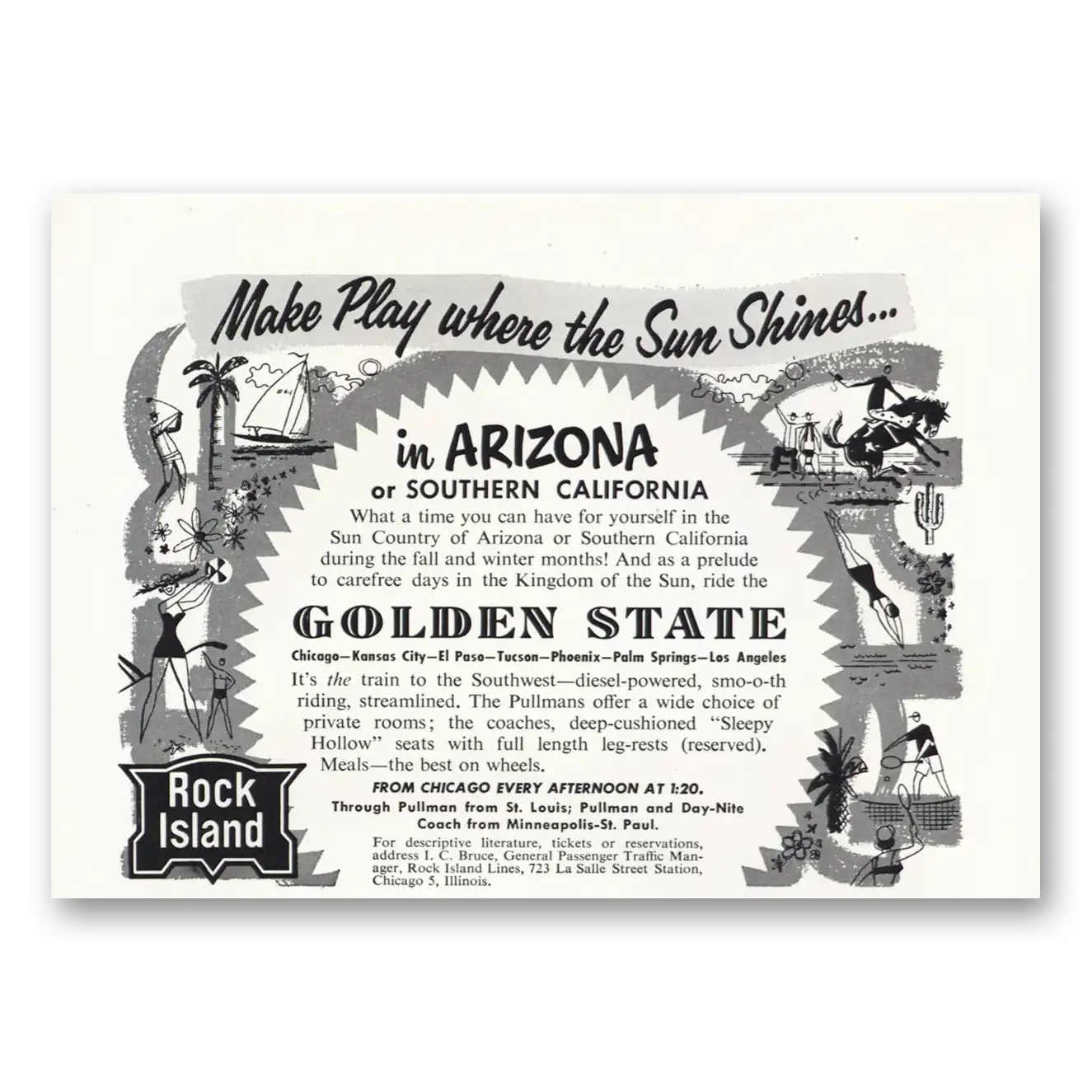 1953 Rock Island Lines More Play Where the Sun Shines AZ CA Vintage Magazine Print Ad