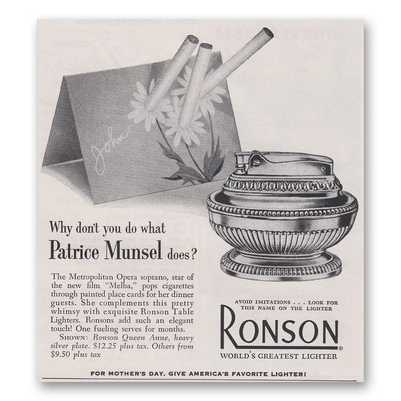 1953 Ronson Lighters Why Don’t You Do What Patrice Munsel Does Vintage Magazine Print Ad