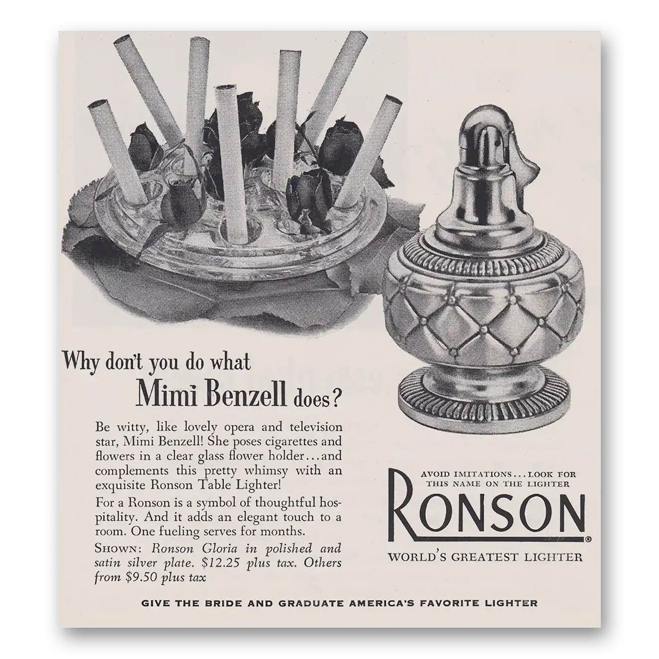 1953 Ronson Lighters Why Don’t You Do What Mimi Benzell Does Vintage Magazine Print Ad