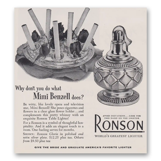 1953 Ronson Lighters Why Don’t You Do What Mimi Benzell Does Vintage Magazine Print Ad