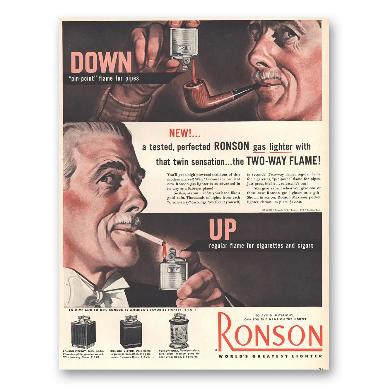 1953 Ronson Lighters Down Pin Point Flame for Pipes Vintage Magazine Print Ad