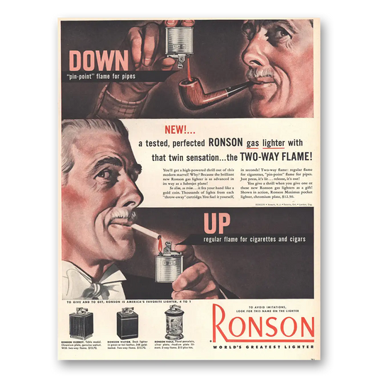 1953 Ronson Lighters Down Pin Point Flame for Pipes Vintage Magazine Print Ad