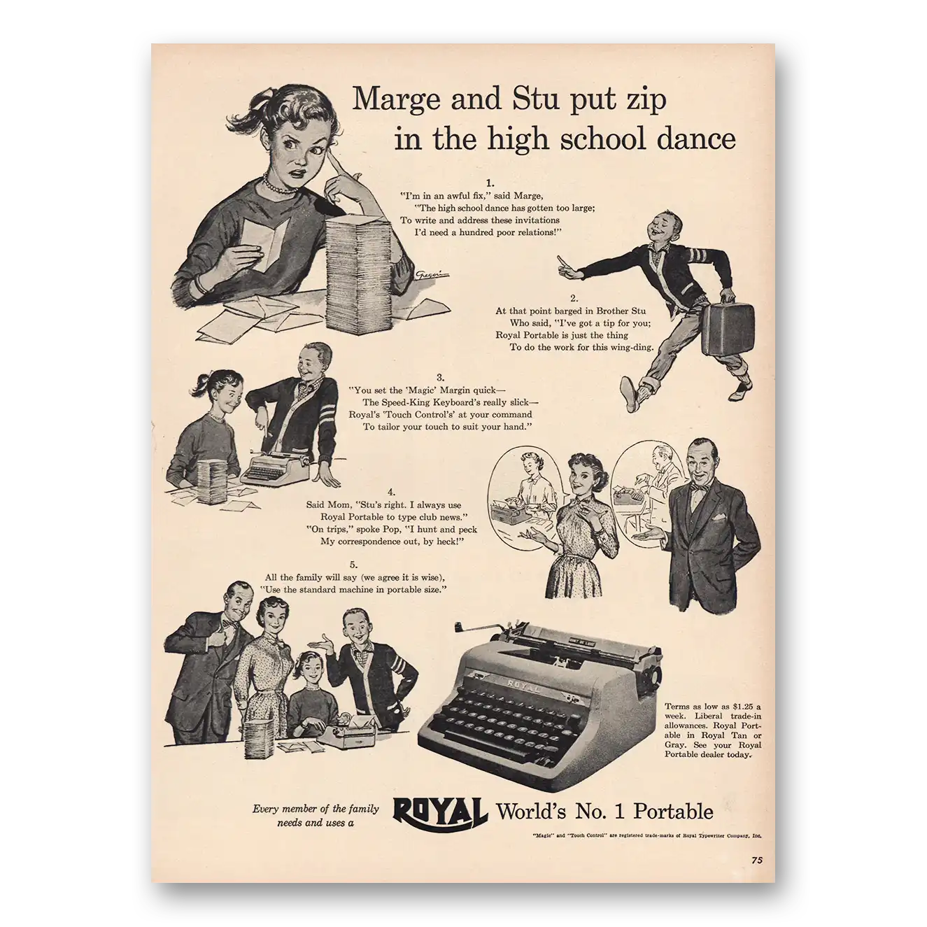 1953 Royal Typewriter Marge and Stu Put Zip In the High School Dance Vintage Magazine Print Ad