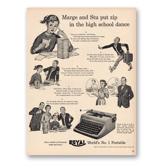 1953 Royal Typewriter Marge and Stu Put Zip In the High School Dance Vintage Magazine Print Ad