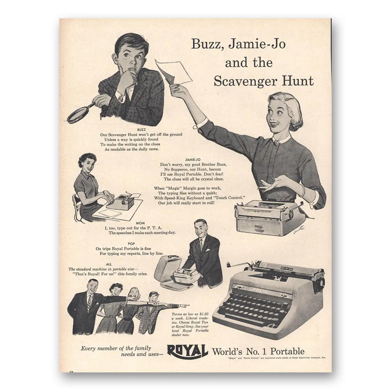 1953 Royal Typewriter Buzz Jamie Jo and the Scavenger Hunt Vintage Magazine Print Ad