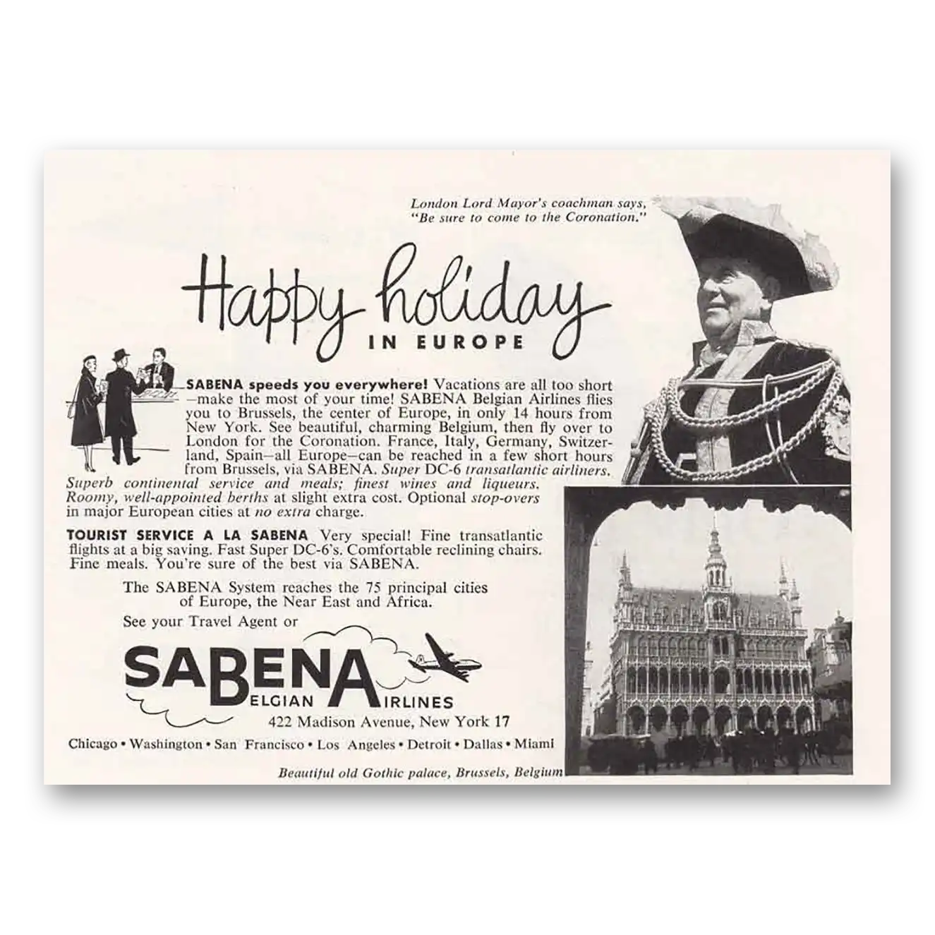 1953 Sabena Airlines Belgian Airlines Happy Holiday Vintage Magazine Print Ad