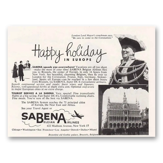 1953 Sabena Airlines Belgian Airlines Happy Holiday Vintage Magazine Print Ad