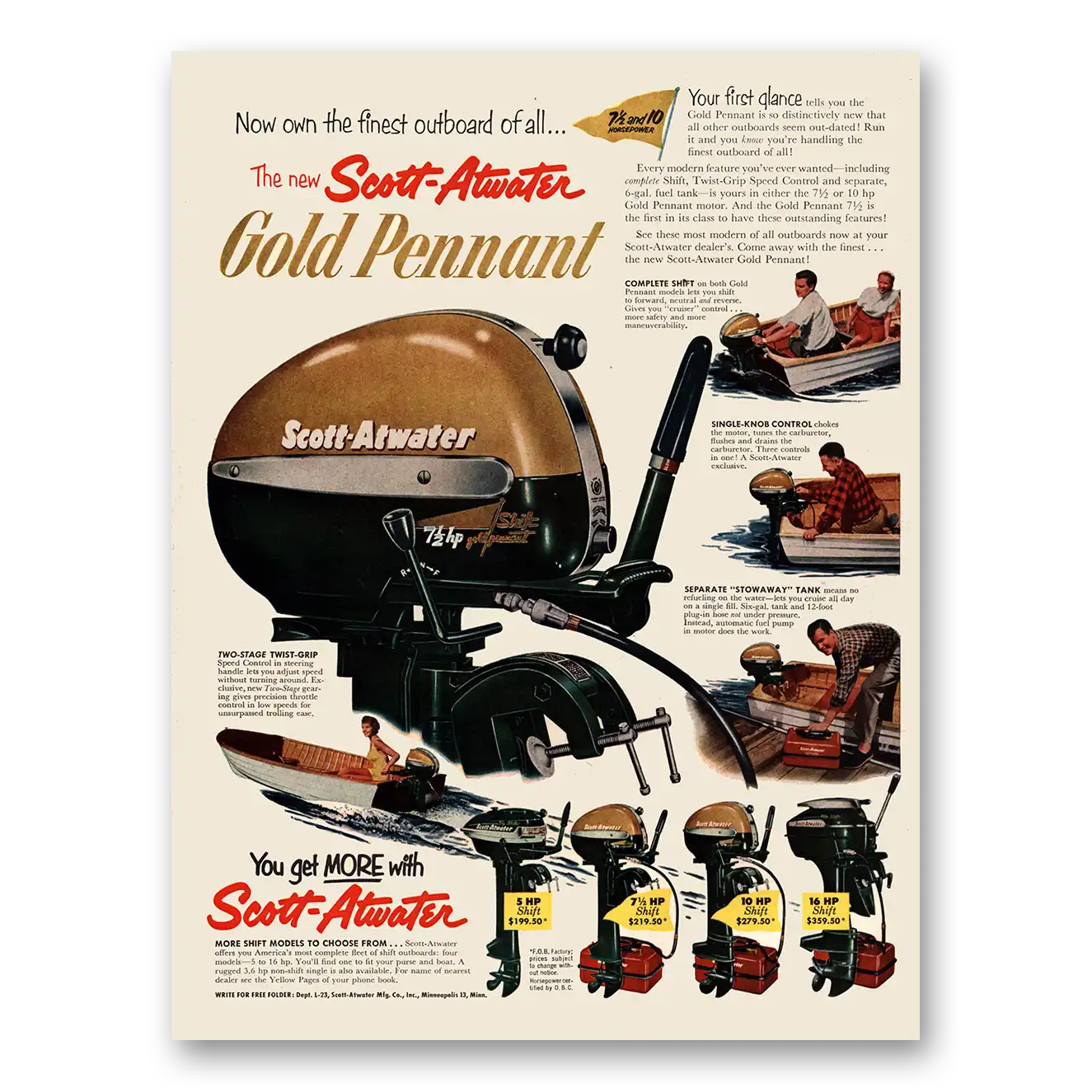 1953 Scott Atwater Gold Pennant Finest Outboard of All Vintage Magazine Print Ad