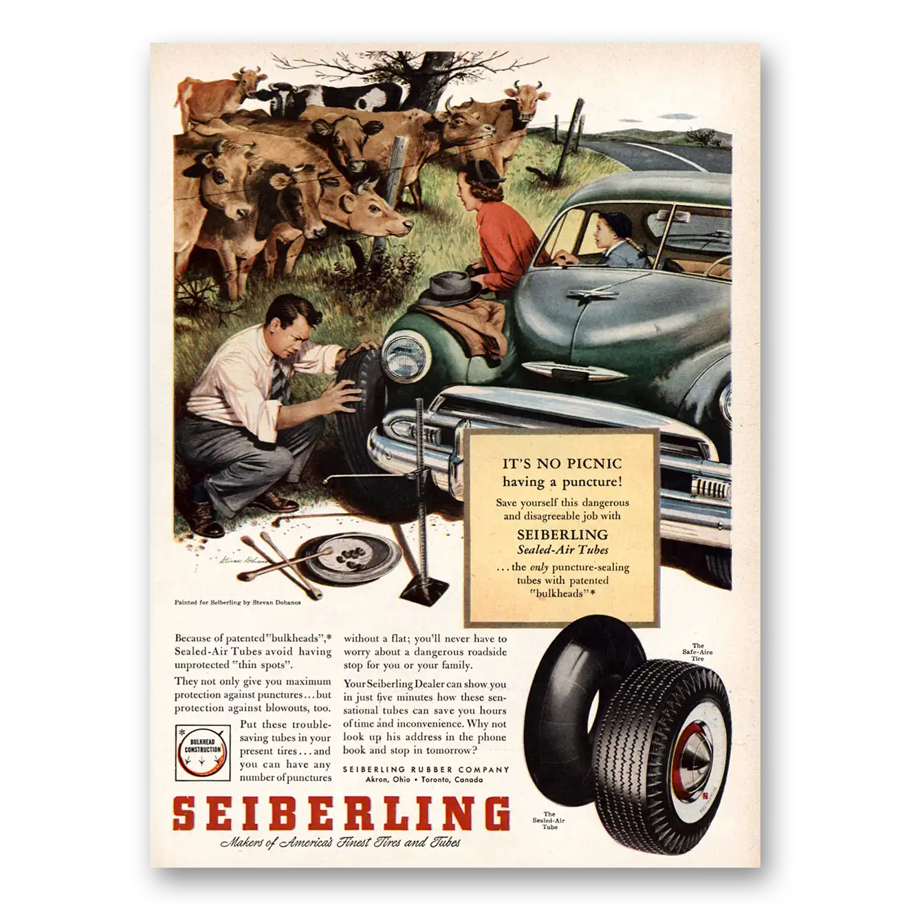 1953 Seiberling Tires No Picnic Having a Puncture Vintage Magazine Print Ad