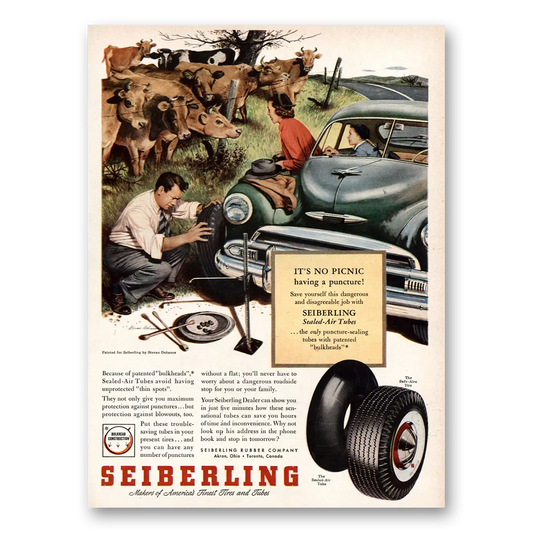 1953 Seiberling Tires No Picnic Having a Puncture Vintage Magazine Print Ad