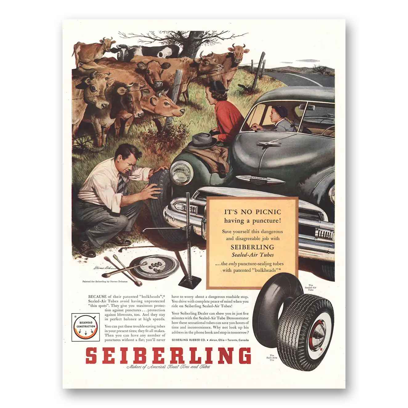 1953 Seiberling Tires Its No Picnic Vintage Magazine Print Ad