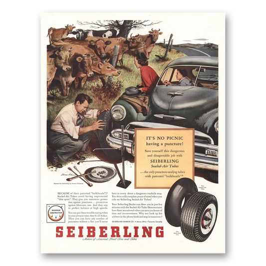 1953 Seiberling Tires Its No Picnic Vintage Magazine Print Ad