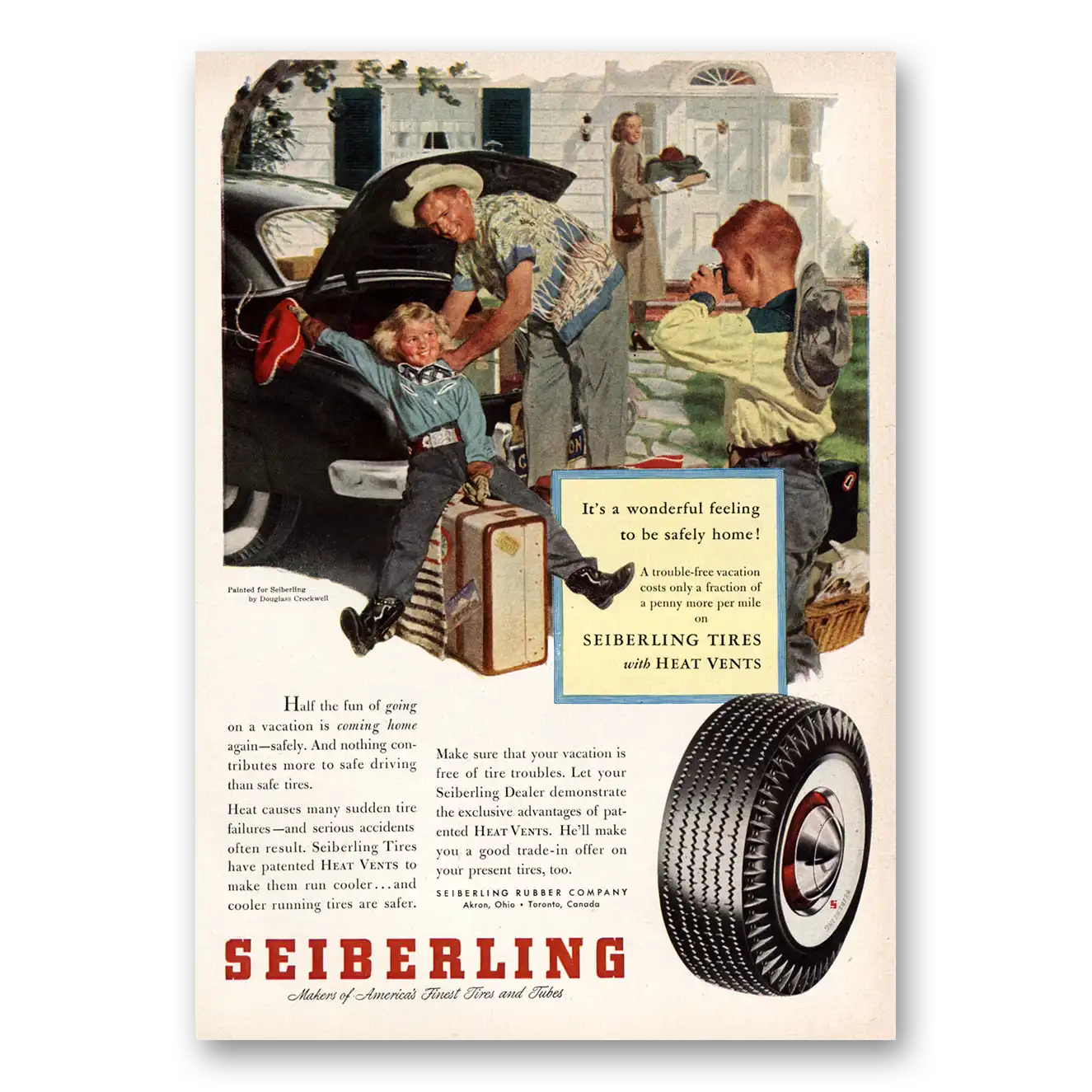 1953 Seiberling Tires Half the Fun of Going On Vacation Vintage Magazine Print Ad