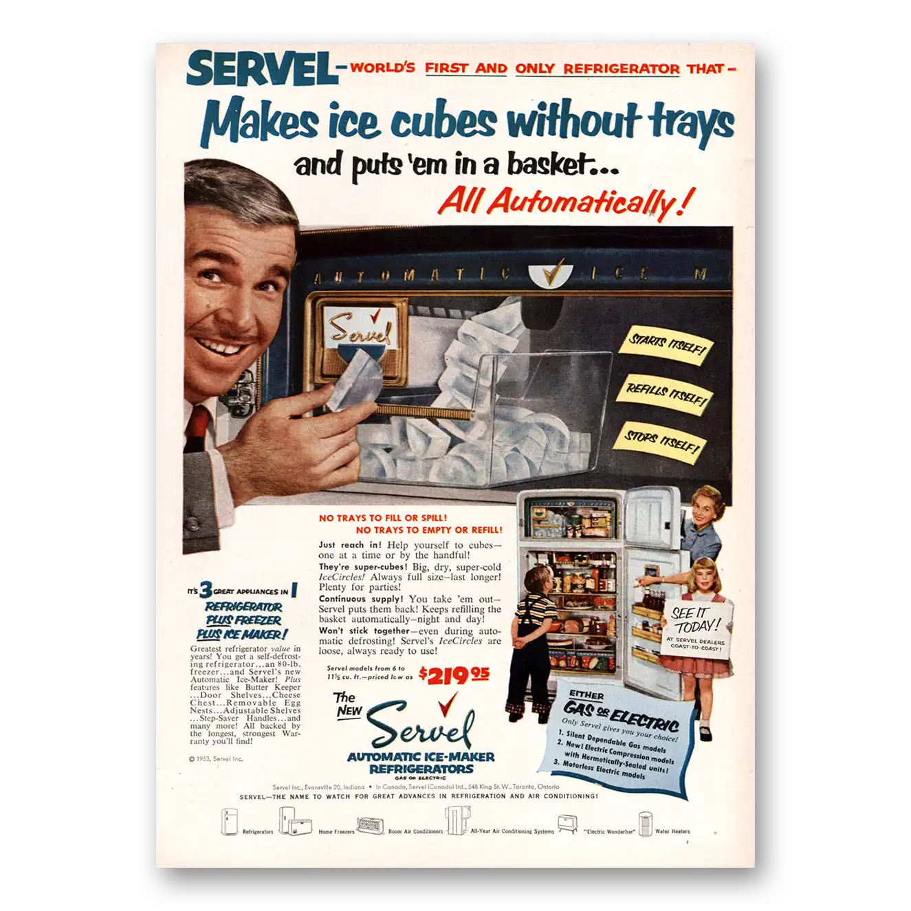 1953 Servel Refrigerator Makes Ice Cubes Without Trays Vintage Magazine Print Ad