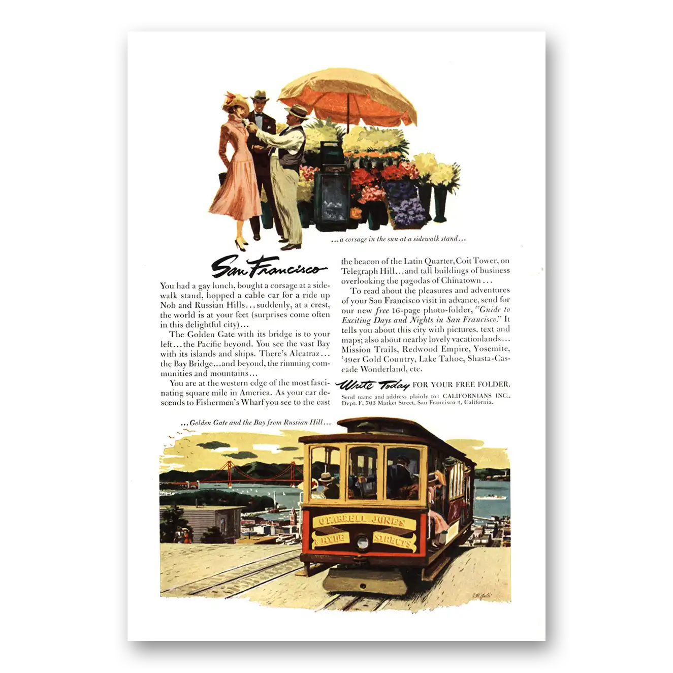 1953 San Francisco California Cable Car Russian Hill Vintage Magazine Print Ad