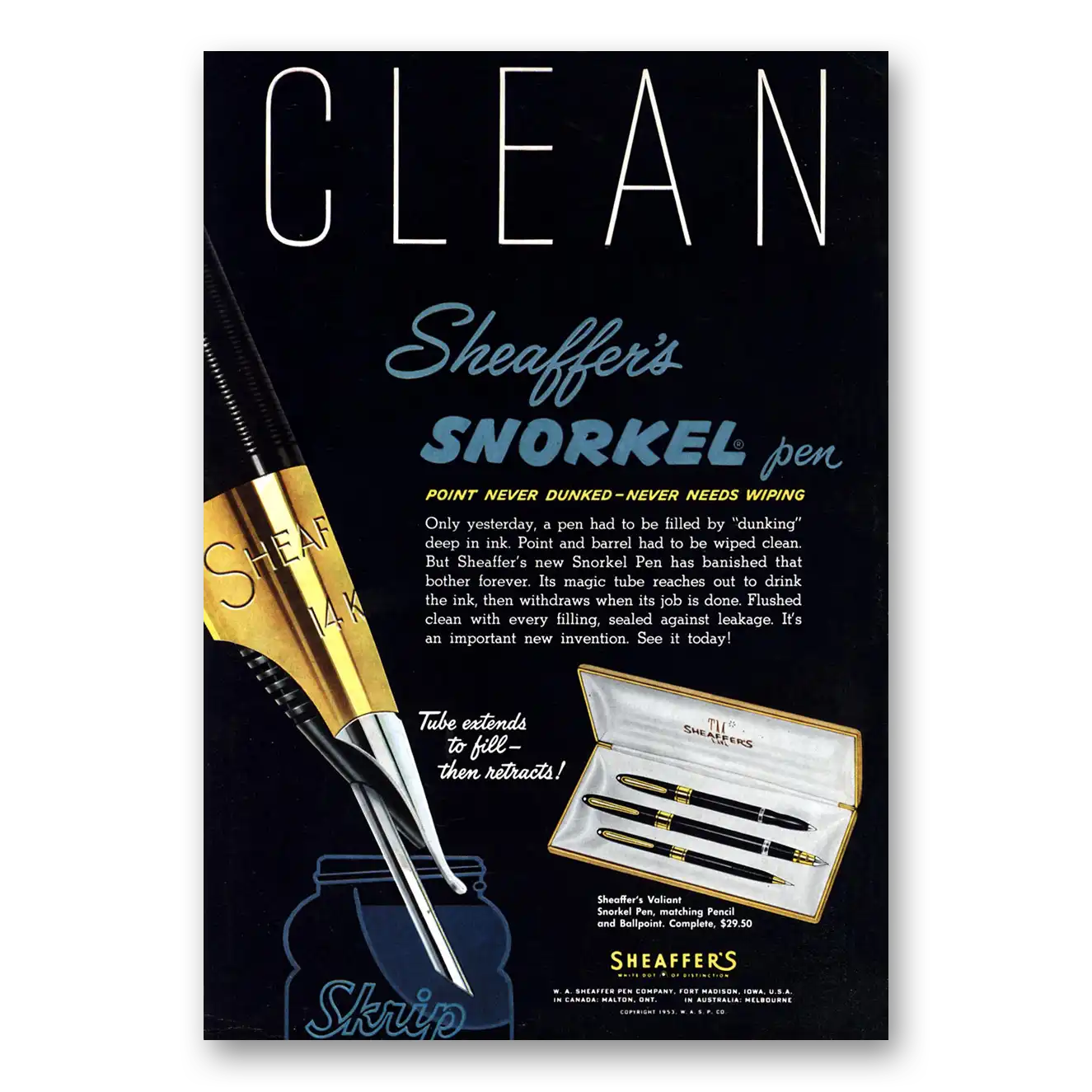 1953 Sheaffers Snorkel Pen Clean Vintage Magazine Print Ad