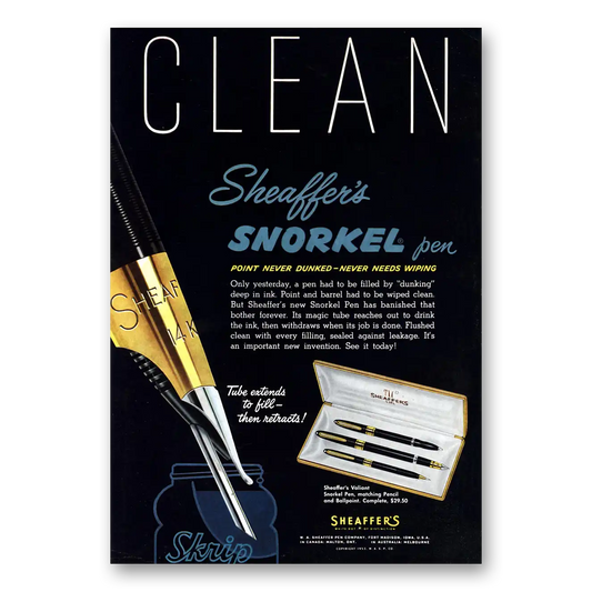 1953 Sheaffers Snorkel Pen Clean Vintage Magazine Print Ad