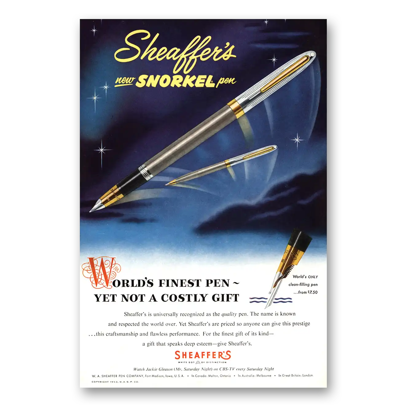 1953 Sheaffers Snorkel Pen Worlds Finest Pen Vintage Magazine Print Ad