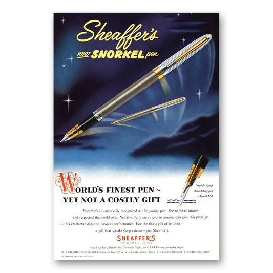 1953 Sheaffers Snorkel Pen Worlds Finest Pen Vintage Magazine Print Ad