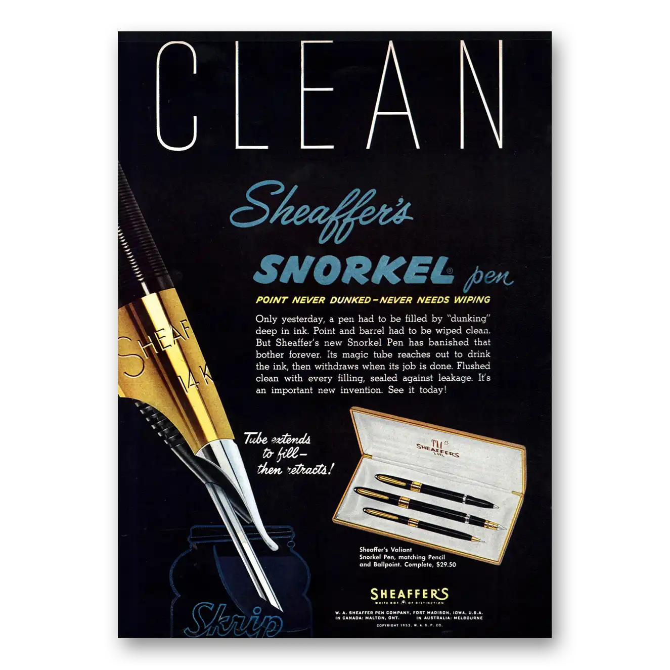 1953 Sheaffers Snorkel Pen Point Never Dunked Vintage Magazine Print Ad