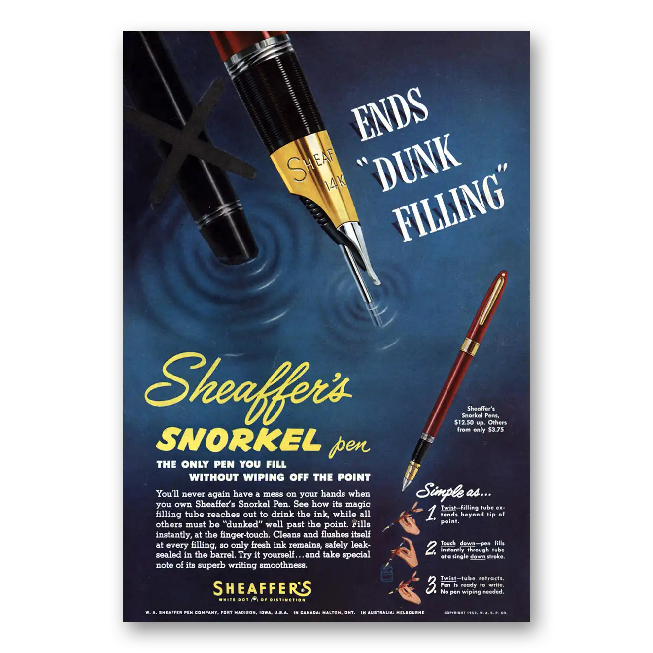 1953 Sheaffers Snorkel Pen Ends Dunking Filling Vintage Magazine Print Ad