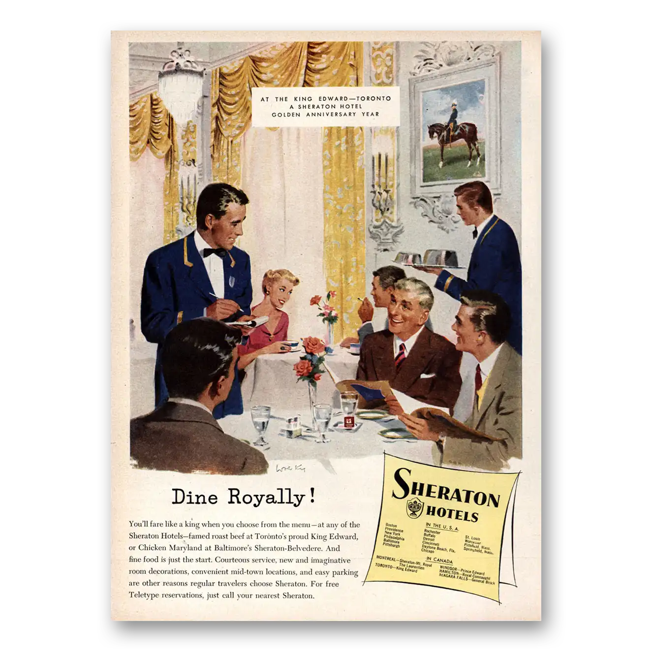 1953 King Edward Sheraton Dine Royally Vintage Magazine Print Ad