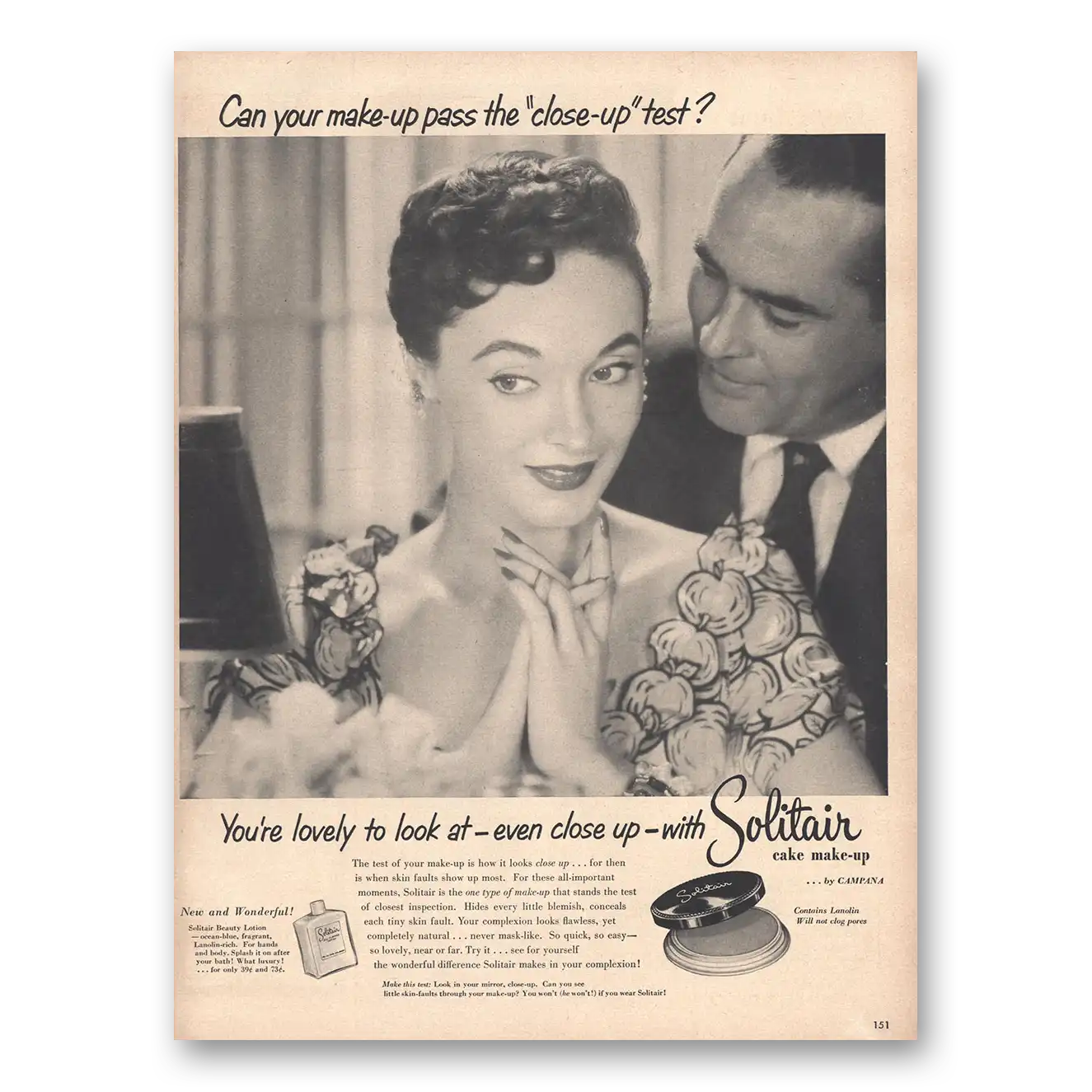 1953 Solitair Cake Make Up Lovely to Look At Vintage Magazine Print Ad