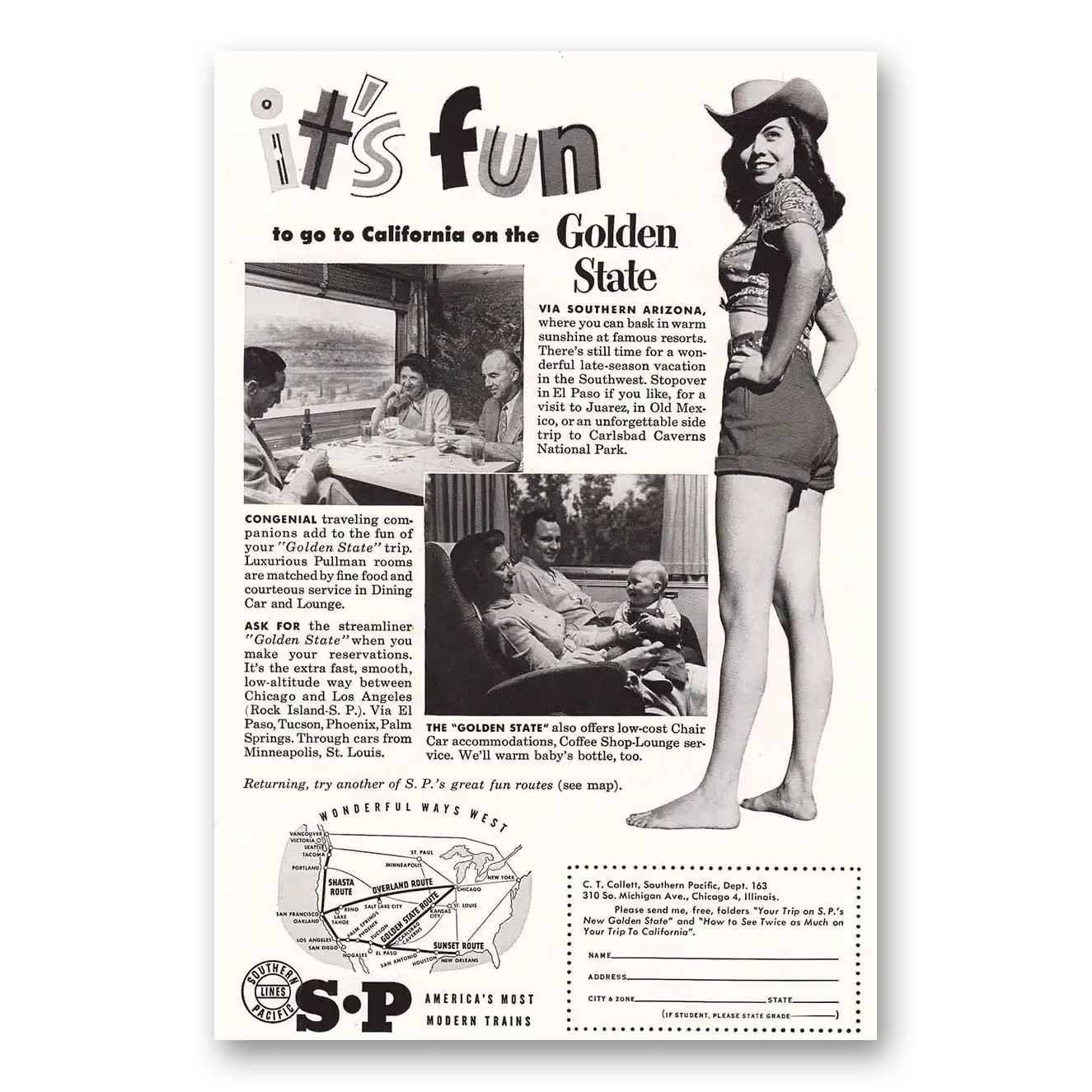 1953 Southern Pacific Fun Vintage Magazine Print Ad