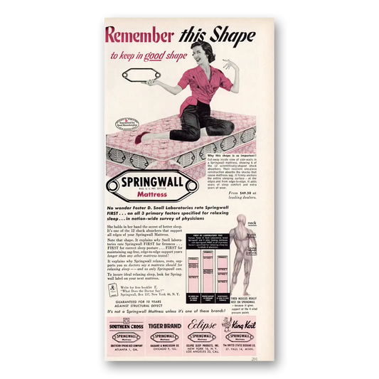 1953 Springwall Mattress Remember This Shape To Keep In Good Shape Vintage Magazine Print Ad