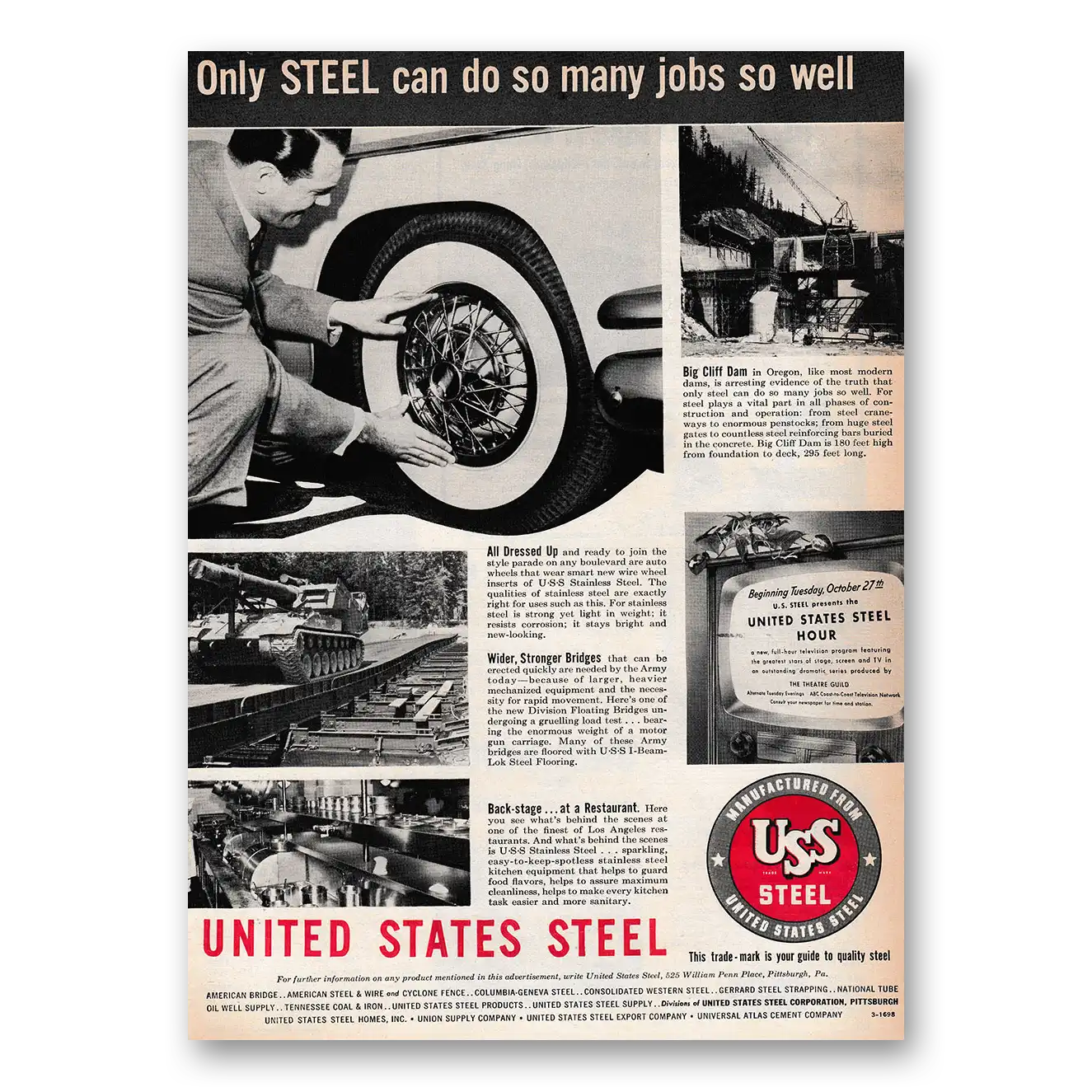 1953 United States Steel Only Steel Can Do So Many Jobs Do Well Vintage Magazine Print Ad