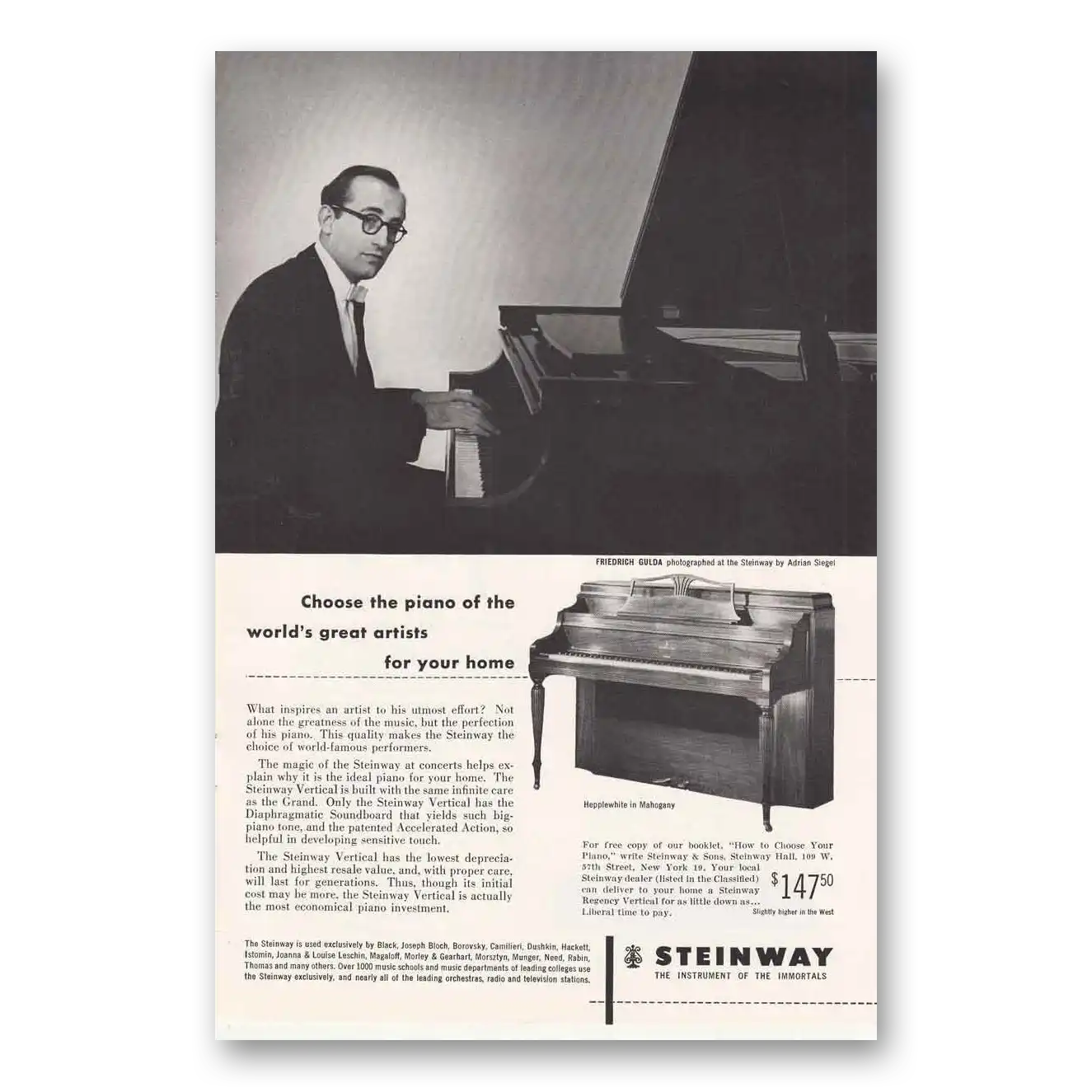 1953 Steinway Piano Friedrich Gulda Vintage Magazine Print Ad