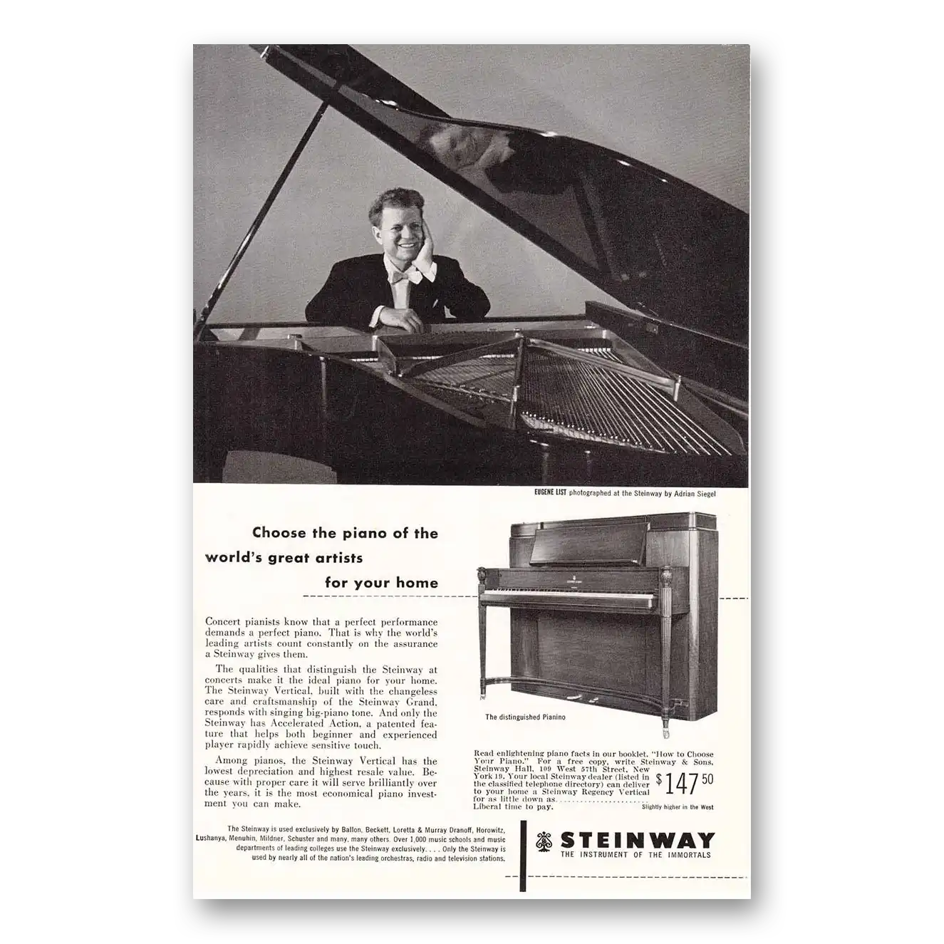 1953 Steinway Piano Great Artists Eugene List Vintage Magazine Print Ad