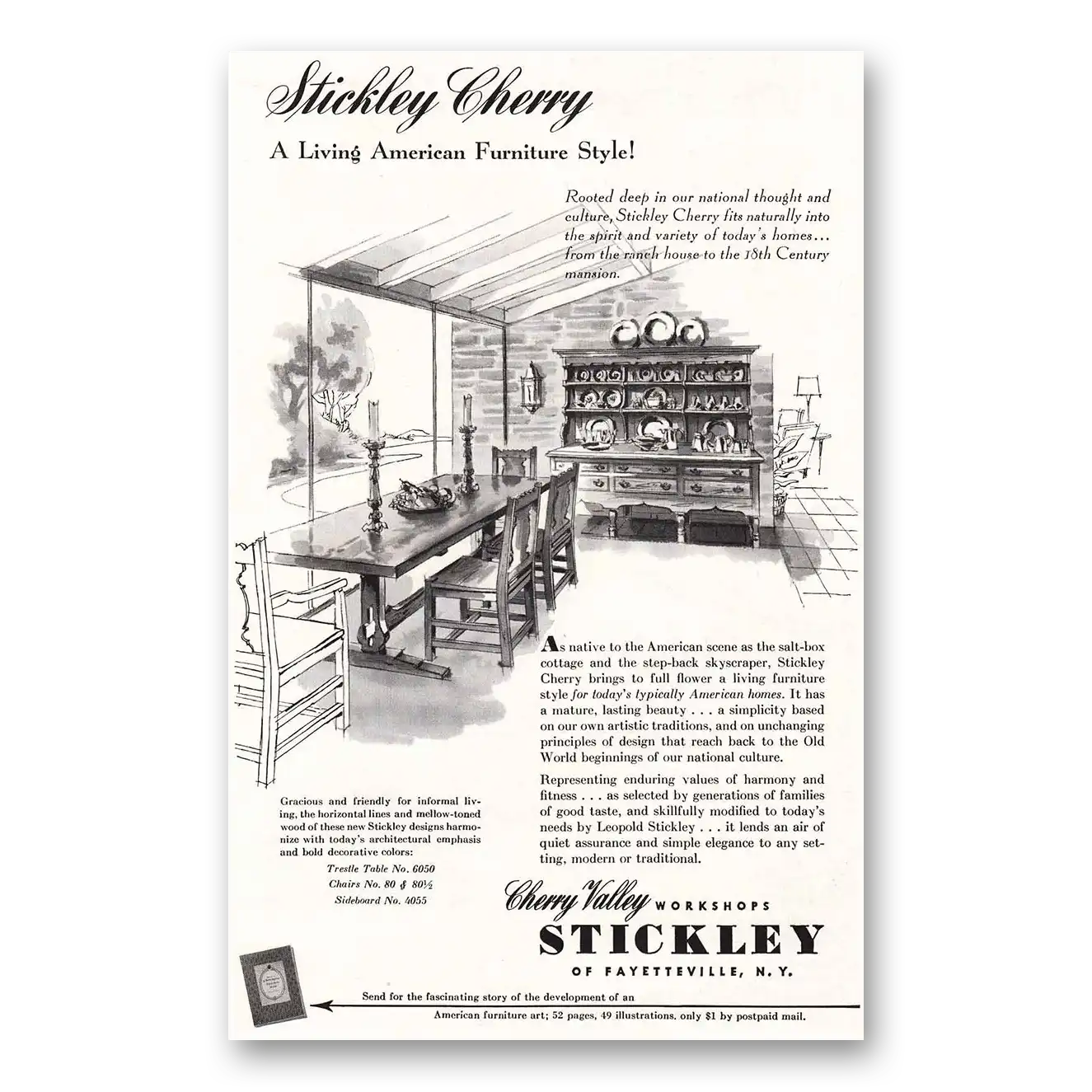 1953 Stickley Furniture Cherry Living American Furniture Style Vintage Magazine Print Ad